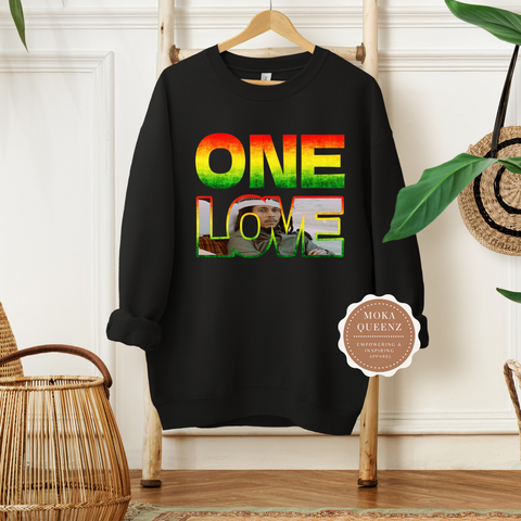 Bob Marley One Love Sweatshirt | Black Sweatshirt with Red, Yellow and Green Bob Marley Graphic