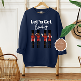 NUTCRACKER SWEATSHIRT | NAVY BLUE SWEATSHIRT WITH BROWN TEXT LET’S GET CRACKING AND BLACK NUTCRACKER SOLDIERS